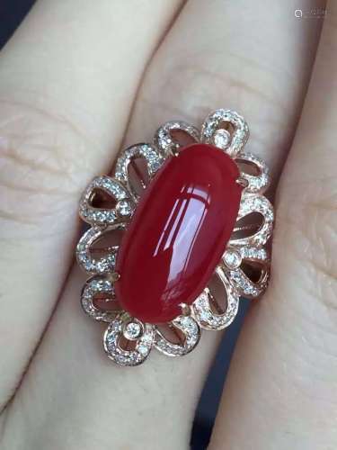 18K Gold Diamond Natural Red Coral Ring
