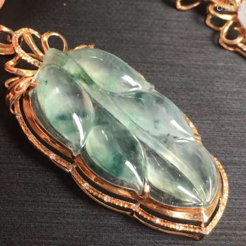 18K Gold Diamond Natural Jadeite Leaf Pendant