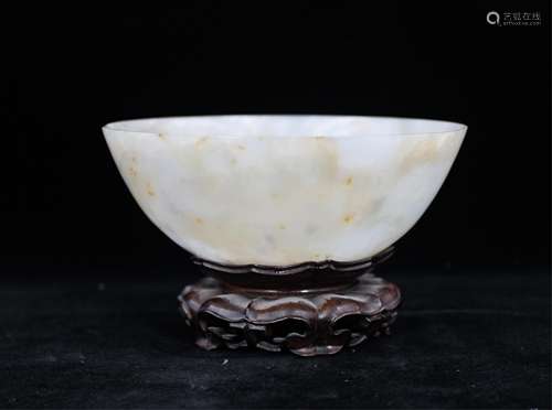 CHINESE WHITE JADE CARVED BOWL WITH STAND