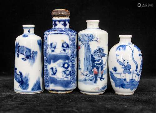 GROUP OF 4 CHINESE BLUE WHITE SNUFF BOTTLES