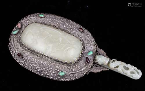 CHINESE SILVER MIRROR INLAID JADE PLAQUE