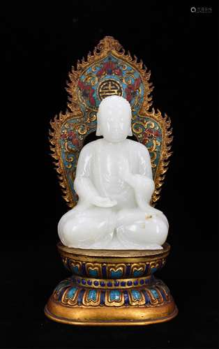 CHINESE WHITE JADE BUDDHA ON CLOISONNE STAND