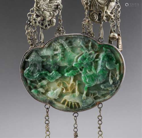 CHINESE JADEITE PLAQUE ON SILVER NECKLACE