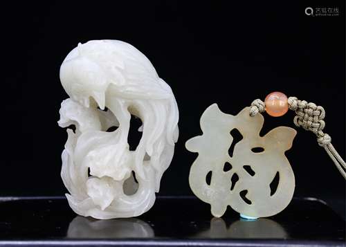 TWO CHINESE JADE ARTICLES, PHOENIX AND FU PENDANT