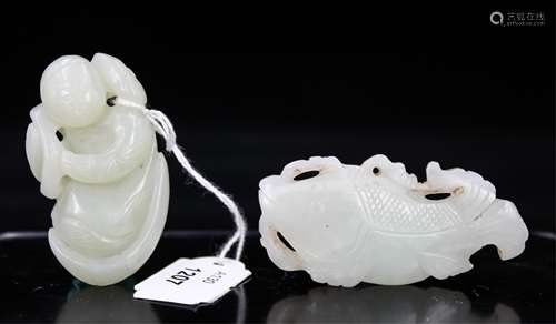 TWO CHINESE JADE PENDANT, BOY AND FISH