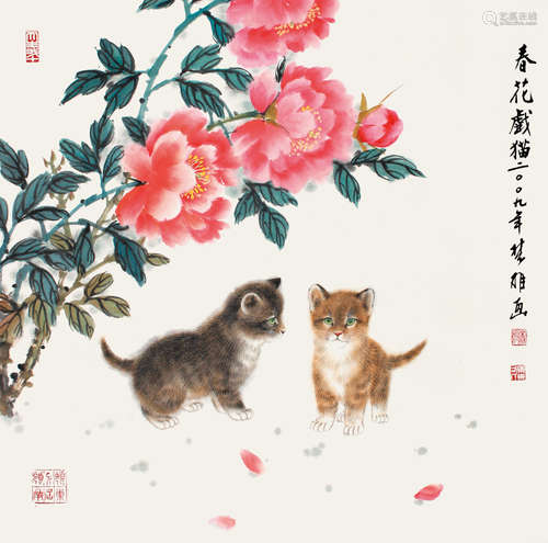 方楚雄 春花戏猫 立轴 纸本