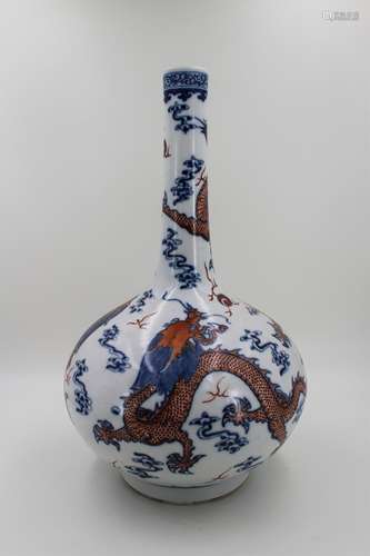 CHINESE IRON RED BLUE AND WHITE LONG NECK VASE