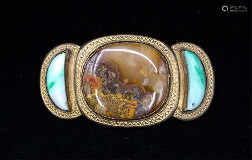 CHINESE BRONZE BELT BUCKLE INLAID AGATE JADEITE