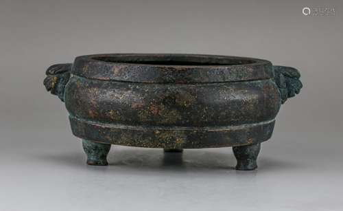 CHINESE BRONZE TWIN EAR TRIPOD CENSER