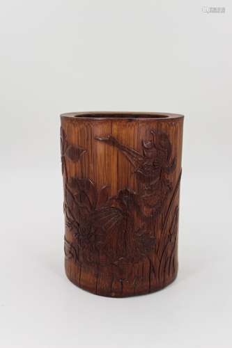 CHINESE BAMBOO BRUSH POT CARVED FLOWER FOLIAGE