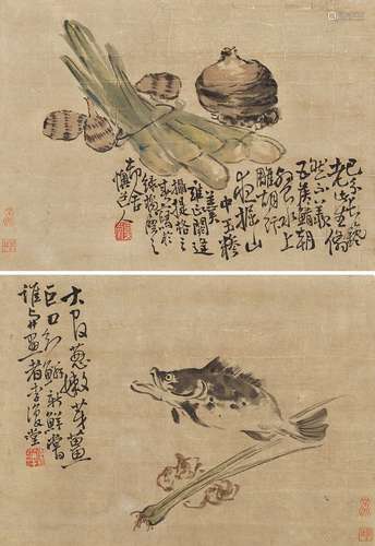 李鱓 1686～1762 花鱼（二帧） 镜心 设色纸本