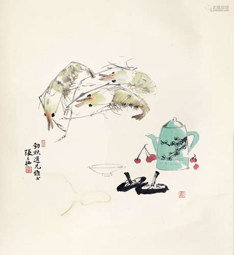 张大壮 1903～1980 虾 立轴 设色纸本