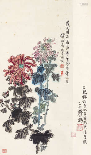 钱松嵒 1899～1985 双菊图 立轴 设色纸本