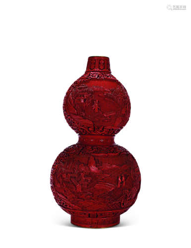 近代 铜胎剔红山水人物葫芦瓶