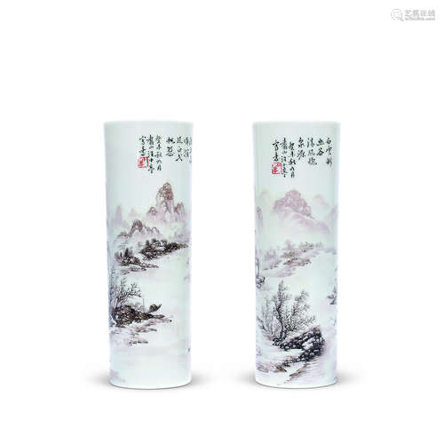 汪小亭 墨彩山水笔筒 （一对)