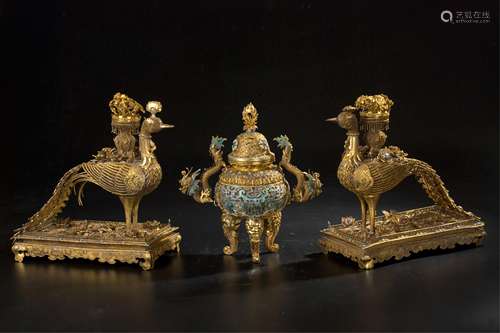 3 PIECES CHINESE GILT SILVER PHOENIX CENSER SET