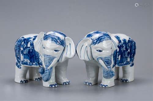 PAIR OF CHINESE BLUE AND WHITE PORCELAIN ELEPHANTS