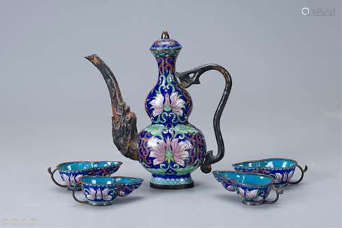 CHINESE BRONZE ENAMEL WINE EWER SET