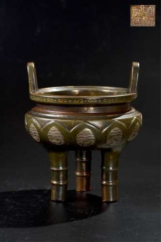 CHINESE BRONZE COLOR GLAZED PORCELAIN TRIPOD CENSE