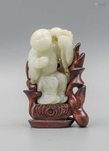 CHINESE WHITE JADE CARVED BOY LIUHAI ON STAND