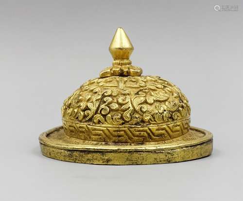 TIBETAN GILT BRONZE KAPALA BOWL COVER