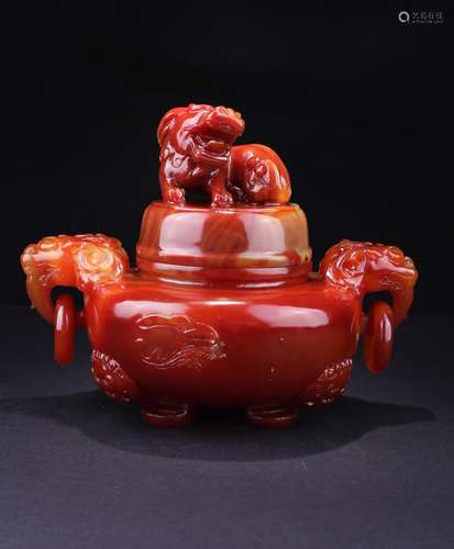 CHINESE RED AGATE TWIN EARS FOOLION COVER CENSER