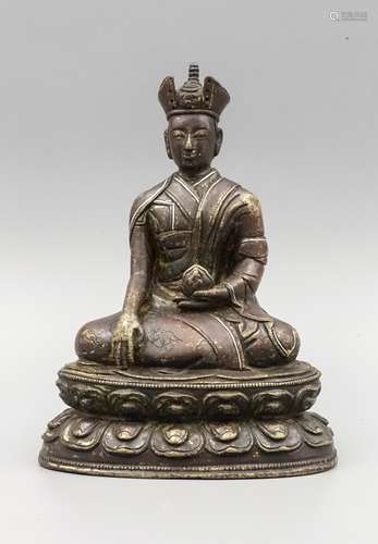 CHINESE BRONZE BUDDHIST FIGURE WITH SILVER INLAID