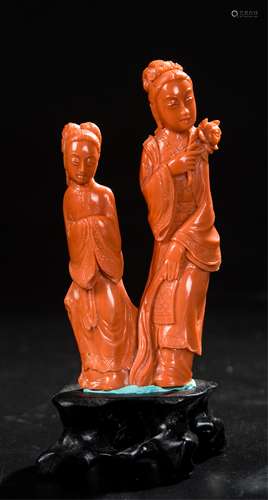 CHINESE LATE QING DYNASTY CARVED CORAL LADIES