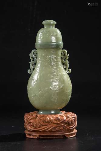 CHINESE CELADON JADE COVER VASE, DRAGON MOTIF