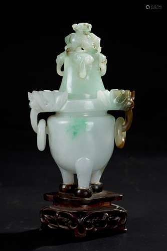 CHINESE JADEITE CARVED TRIPOD COVER CENSER