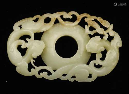 CHINESE HETIAN JADE CARVED TWIN DRAGON BI