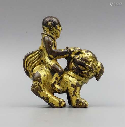 CHINESE GILT BRONZE LOHAN ON FOOLION