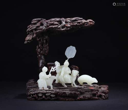 CHINESE WHITE JADE FIGURES ON ROSEWOOD PINETREE