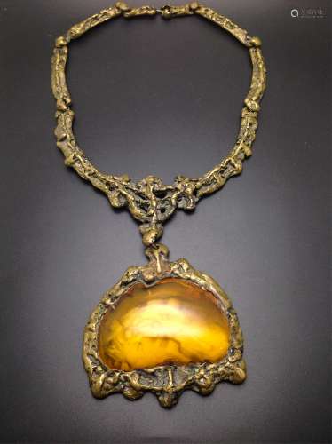 CHINESE BUTTERSCOTCH AMBER ON BRONZE NECKLACE