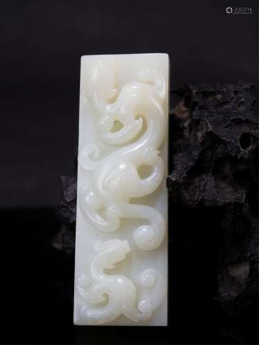 CHINESE CELADON JADE CARVED DRAGON PAPER WEIGHT