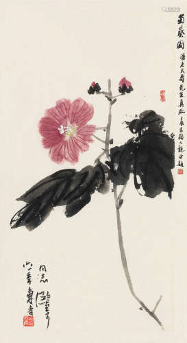 潘天寿 1961年作 蜀葵图 镜框 设色纸本