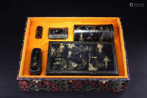 GROUP OF 6 CHINESE GILT LACQUER SCHOLAR ITEMS