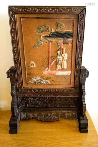 CHINESE WOOD TABLE SCREEN OF FIGURES