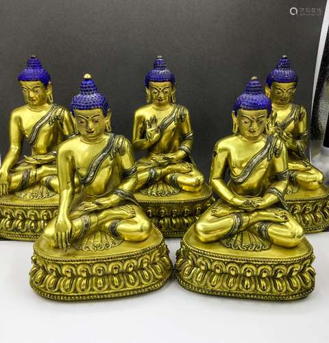 GROUP OF 5 CHINESE GILT BRONZE BUDDHAS