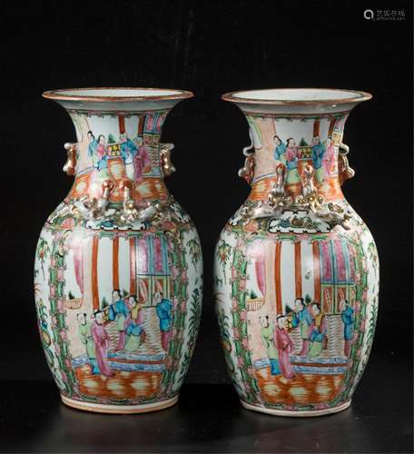 CHINESE CANTON FAMILLE ROSE FLOWER VASE, PAIR