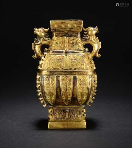 CHINESE GILT BRONZE ZUN VASE WITH TAOTIE MASK