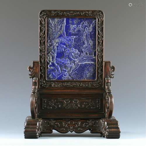 CHINESE LAPIS LAZULI ON HARDWOOD TABLE SCREEN