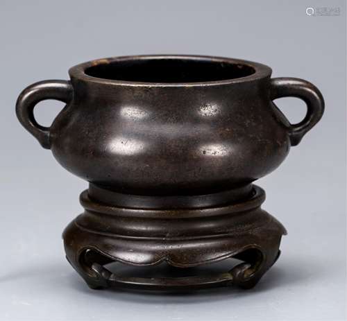 CHINESE QING DYNASTY BRONZE TWIN EAR CENSER