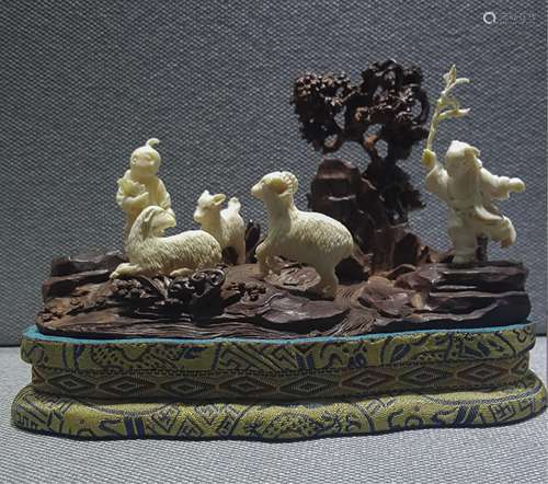 CHINESE ZITAN WOOD CARVED BOY AND SHEEP GROUP