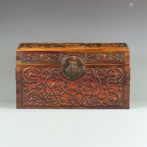 CHINESE HUANGHUALI WOOD BOX WITH CHILONG DESIGN