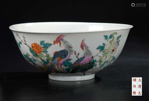 CHINESE FAMILLE ROSE BOWL, PHOENIX AND PEONY MOTIF