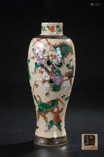 CHINESE CRACKLE GLAZED WUCAI VASE, WARRIOR SCENE