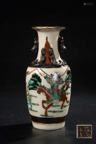 CHINESE CRACKLE GLAZED WUCAI VASE, WARRIOR SCENE