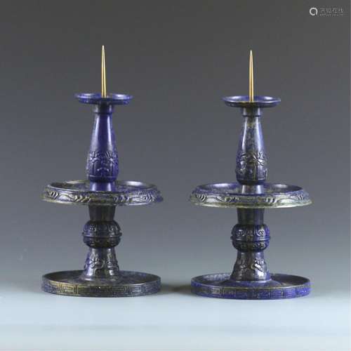 PAIR OF CHINESE LAPIS LAZULI CANDLE STANDS