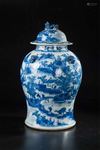 CHINESE BLUE WHITE GINGER JAR, FIGURAL SCENERY